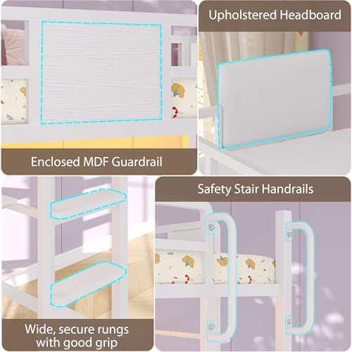 Loft Bed Twin Size with L-Shaped Desk and 5 Storage Drawers, White