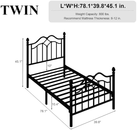 Twin Size Bed Frame with Victorian Headboard & Footboard, Black