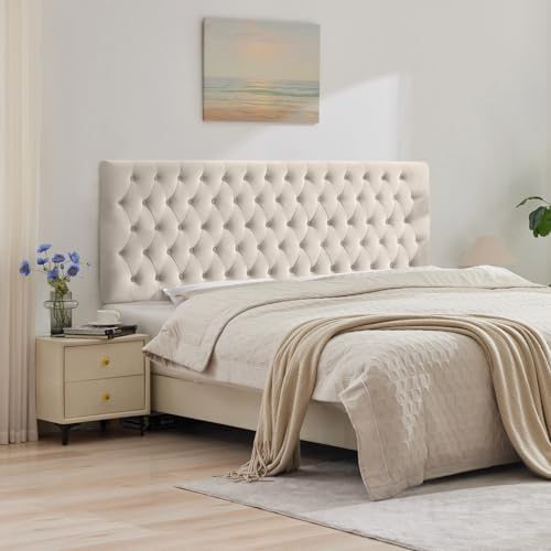 Kingfun Upholstered Queen Headboard Only, Premium Velvet Button Tufted Headboards, Adjustable Solid Wood Head Board, Padded Headboard with Solid Wood Legs in Bedroom (Beige)