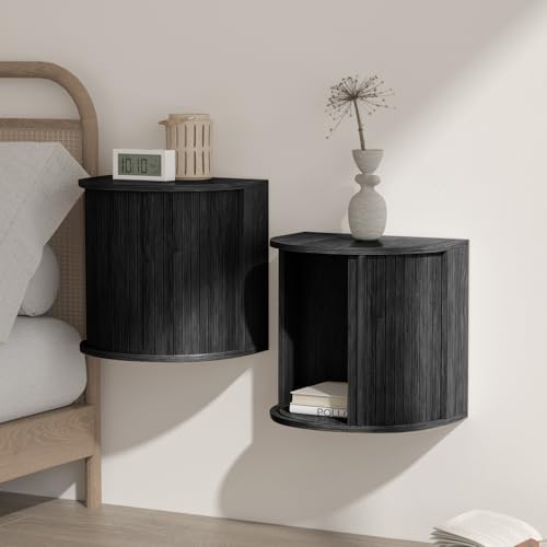 Floating Nightstand Set of 2 with Sliding Roller Shutter Doors,Black-06