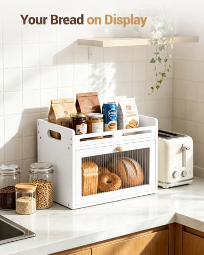 Bread Box for Kitchen Countertop, Bamboo Storage with Top Shelf, White