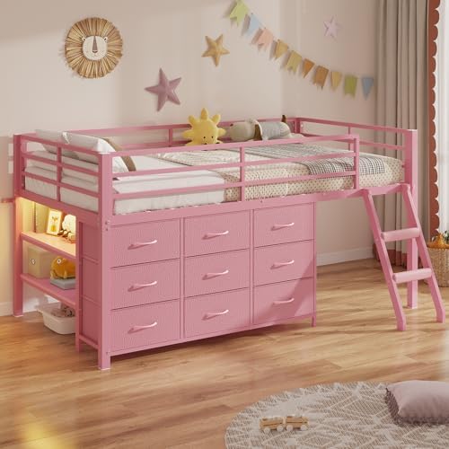 Low Loft Bed Twin Size with 9 Storage Drawers, LED Lights Loft Bed