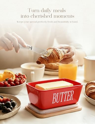 AISBUGUR Large Butter Dish with Lid Ceramics Butter Keeper Container with Knife and High- quality Silicone Sealing Butter Dishes with Covers Good Kitchen Gift Red 6.3 x 3.5 x 2.7 inches