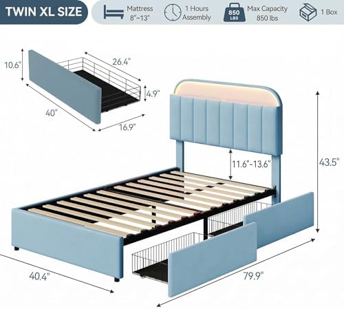 GarveeHome TwinXL Bed Frame, Platform Bed with Storage Headboard & Drawers