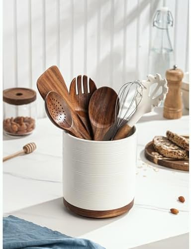 Utensil Holder, 360° Rotating Extra Large Ceramic Kitchen Utensil Holder for Countertop, 7.3“ Cooking Utensil Crocks for Kitchen Counter with Rotatable Wooden Base, Farmhouse Decor, White