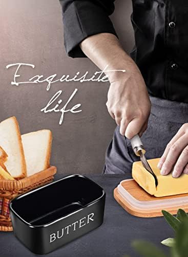 Ceramic Butter Dish with Lid and Knife & Silicone Seal 400ml 2 Pack Black