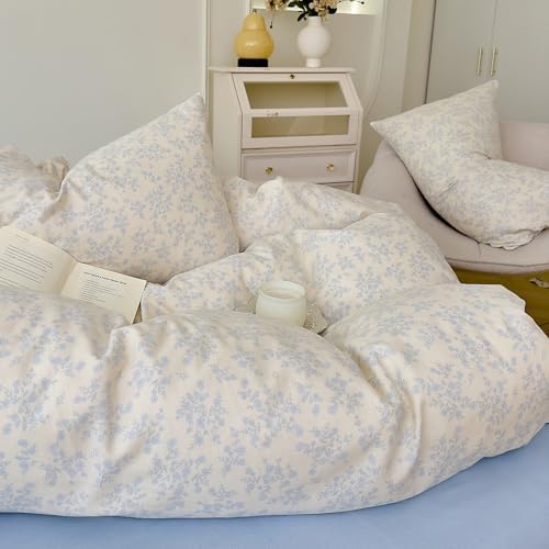 HighBuy Muslin Duvet Cover Queen Bedding Set,Comfy Soft Gauze Chic Blue Floral Print Quilt Comforter Cover with 2 Pillowcases,French Country Floral Bedding Set Zipper Closure,All Season