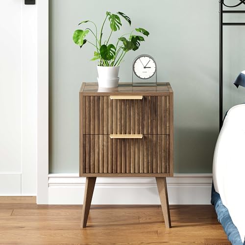 YAUKOMEL Fluted Nightstand with 2 Drawers,Walnut Brown Modern Bedside Table