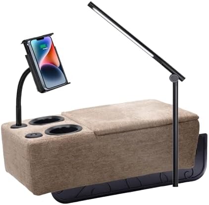 Removable Sofa Armrest, Dual Cup Holders Large Size Multifunctional Couch Caddy Storage Arm Rest with Power Wireless Charging Stand & LED Reading Light for Sofa Middle Seat Parts