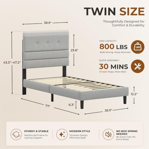 GRUSIGN Twin Size Bed Frame with Linen Fabric Headboard, Adjustable Height Upholstered Platform Bed Frame with Wooden Slats, Easy Assembly, Dark Grey
