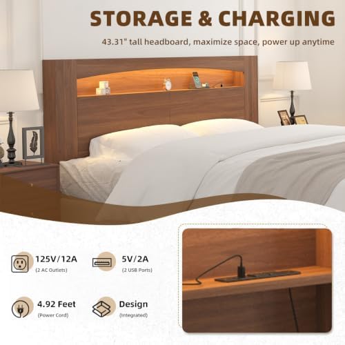 Queen Size Headboard Only, Sturdy Wood Bed Backboard with Solid Wood Legs, 3 Storage Zones, Unique Skirting Groove, High Load Capacity, 15mm Thick Construction (Walnut, King)