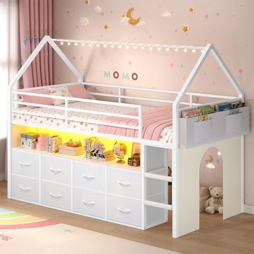 Low Loft Bed Twin Size with 8 Storage Drawers, LED House Loft Bed