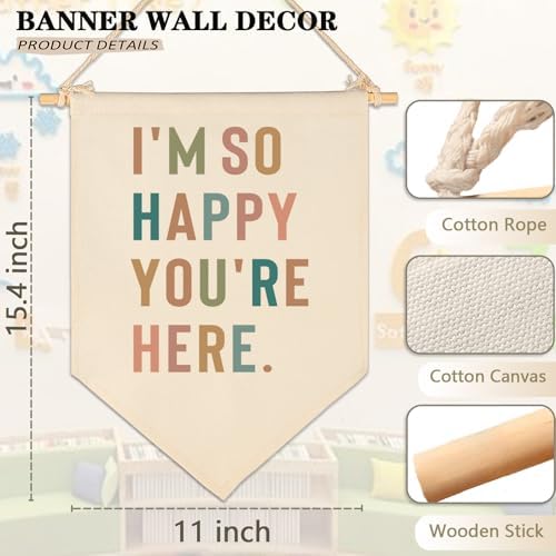 Classroom Wall Banner Decor-Teacher Gift-Welcome Banner-Inspirational Back to School Wall Flag-I'm So Happy You're Here-Positive Teacher Office Quote-Hanging Canvas Pennant Sign for Classroom Office