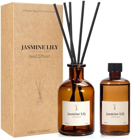 Reed Diffuser Set, 8.12 fl.oz Jasmine Lily Scented Diffuser with Sticks