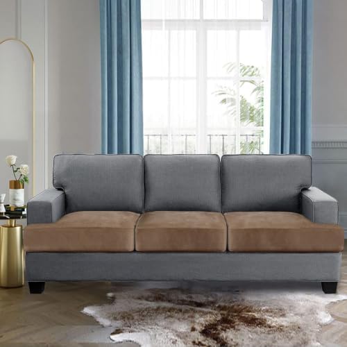 H.VERSAILTEX Stretch Velvet 3 Piece T Cushion Sofa Slipcovers - Individually Fitting Cushion Covers for 3 Cushion Couch - Stay in Place (Camel)