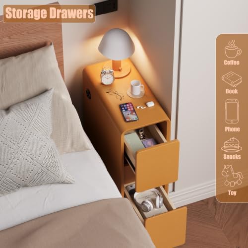 BOSHIRO 8″ Narrow Nightstand, Slim Wooden Bedside Tables Set of 2, Orange