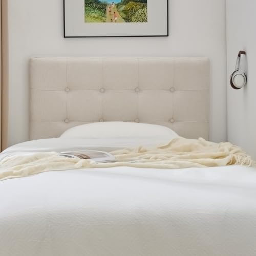 Linen Tufted Headboard Twin Size, Solid Wood Twin Headboard Only, Beige