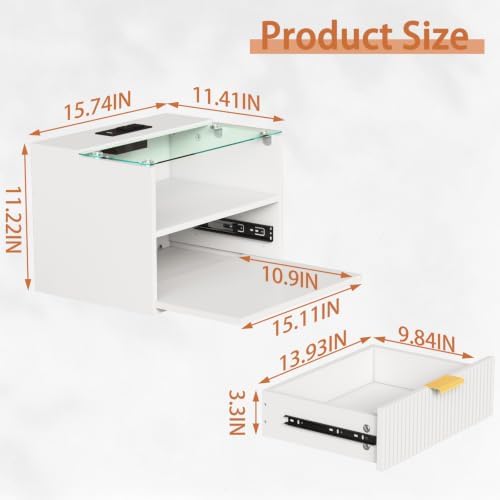 Modern Floating Nightstand Set of 2 with Charging Station & Light (White)