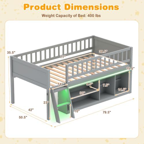 Giantex Low Loft Bed Twin Size with LED Lights, 2-Tier Storage Bookcase