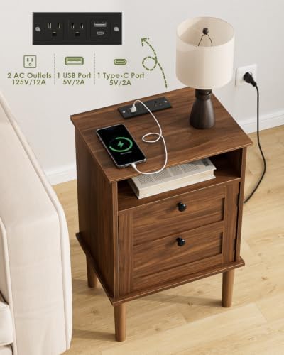 Nightstand with Charging Station, Boho Night Stand with 1 Drawer, Modern Side Accent Table with Open Shelf, Wooden Top Bedside End Table for Bedroom, Living Room, Walnut
