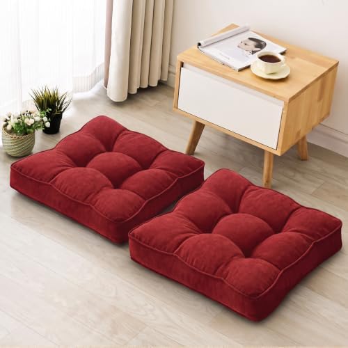 MIDDLE ONE Floor Pillow Set of 2, Memory Foam Cushion 22x22 – Square, Red