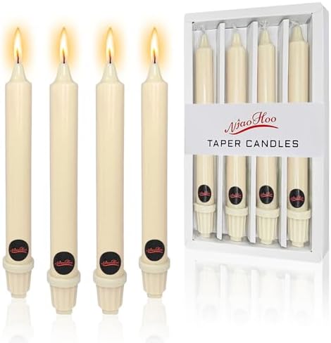 NJAO HOO Ivory Candlesticks 8 Inch Unscented Taper Candle Dripless Handmade Colored Candles for Home Decor Dinner Table Kitchen and Bedroom, 4 Pack