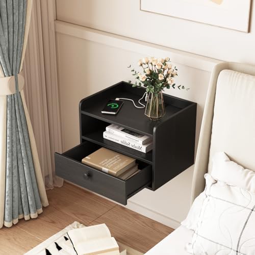Floating Nightstand Set of 2 Modern Night Stands with Drawer and Open Shelf