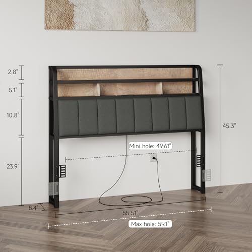 Full Headboard Only with Storage, Charging Station, Black & Brown