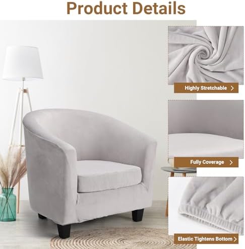 Barrel Chair Covers 2 Piece, Grey Club Tub Barrel Chair Slipcover with Cushion Cover, Soft Armchair Sofa Cover Stretch Furniture Protector with Elastic Bottom for Living Room Bar Hotel