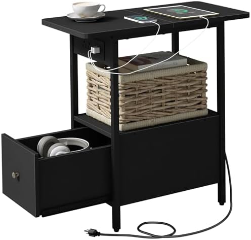 LIDYUK End Table with Charging Station, Narrow Side Table with Drawer