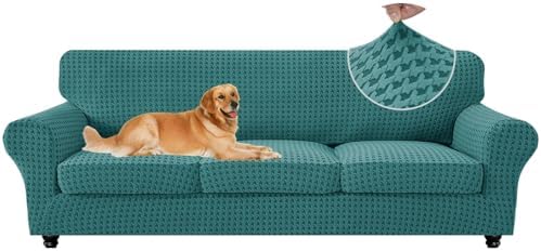 MAXIJIN 4 Pieces Stretch Oversized Couch Covers for 3 Cushion Sofa Covers Washable Sofa Slipcovers Thick Soft Furniture Protector with Non Slip Strap (Peacock Blue), 91"-110"(3 XL Cushions)