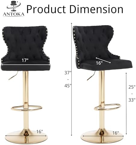 Set of 2 Adjustable Swivel Bar Stools, Velvet Upholstered Counter Height Chairs with Nailhead Trim, Gold Footrest, and High Back for Kitchen Island, Home Bar, Dining Room, Cafe,Black