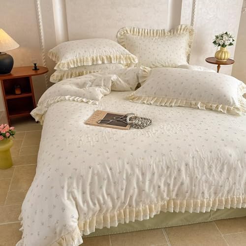BuLuTu Vintage Lace Ruffled Duvet Cover Set King, Cottagecore Floral Princess Bedding Set, Soft Muslin Cotton Garden Botanical Comforter Cover with Zipper Closure, Romantic Bedroom Decor