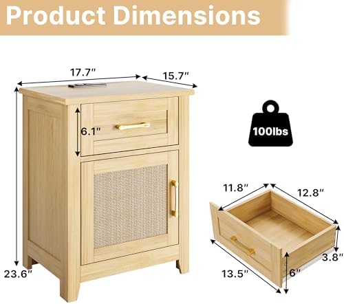 Decofy Rattan Nightstand with Charging Station, Modern End Tables with Storage and One Drawers, Outlets, USB Ports and Type-C Ports, Wood Nightstands for Bedroom, Dorm and Small Spaces Oak