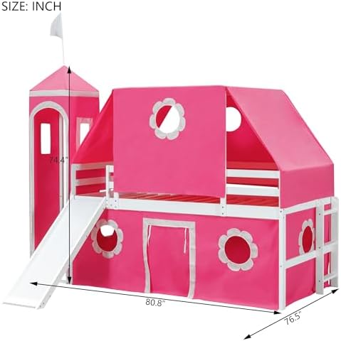 Castle Loft Bed with Slide & Tent and Tower, Playhouse Design Spacious Under Bed Space with Curtains, Wood Tent Bed Frame for Kids Boys Girls (Pink, Twin)