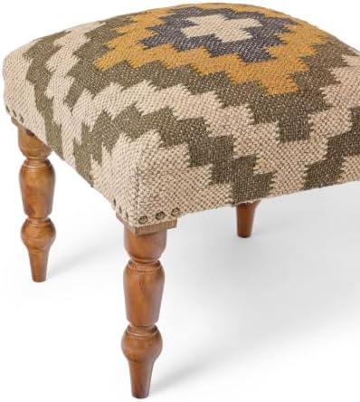 Handmade Jute Upholstered Ottoman Stool | Square Foot Rest with Wooden Legs | Decorative Accent Seating for Bedroom, Living Room, Entryway, Vanity & Hallway (Beige-Pista Green)