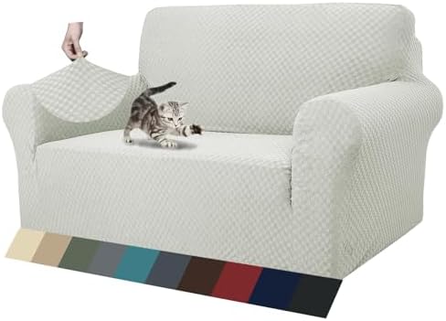 ZNSAYOTX 1 Piece Jacquard Couch Covers for 2 Cushion Couch High Stretch Loveseat Slipcover for Pets Dogs Anti Slip Love Seat Sofa Slipcover Furniture Protector (Medium, Ivory)