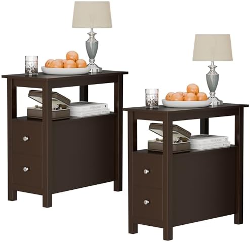 ZENY Narrow End Table Set of 2 Side Table with Drawer and Open Shelf Sofa Table for Living Room Bedroom, Small Table for Bedside, Couch, Espresso