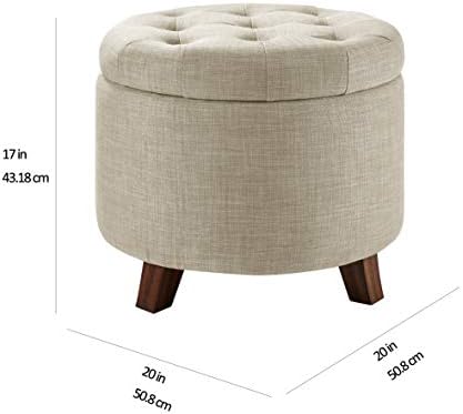 Amazon Basics Round Storage Ottoman Foot Rest, Button Tufted Upholstered Footstool with Storage, Sturdy Linen Fabric for Living Room and Bedroom, 20" x 17", Beige