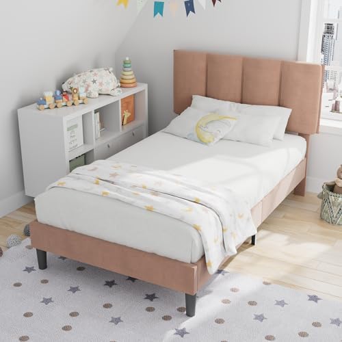 VECELO Twin Size Bed Frame with Upholstered Headboard, Coffee