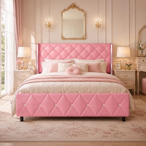 HOMBCK Full Size Bed Frame with Headboard, Silverside Wingback, Pink