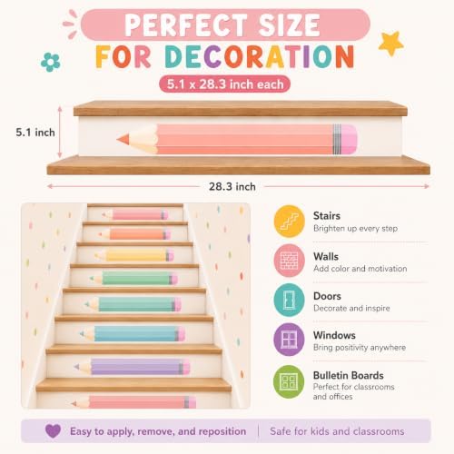 Cinrobiye 12 Pcs Pastel Pencil Classroom Stair Decals, Wall Stickers for Back to School Decor, Teacher Classroom Decorations for Kindergarten, Nursery, Door, Wall, Bulletin Board and Learning Spaces