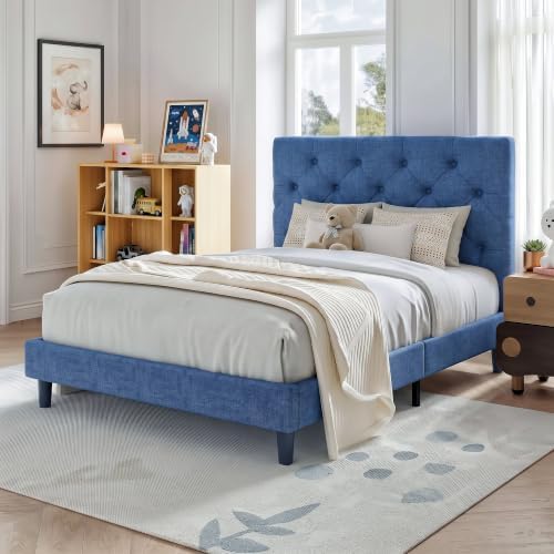 HOMBCK Twin Size Bed Frame with Adjustable Headboard, Blue