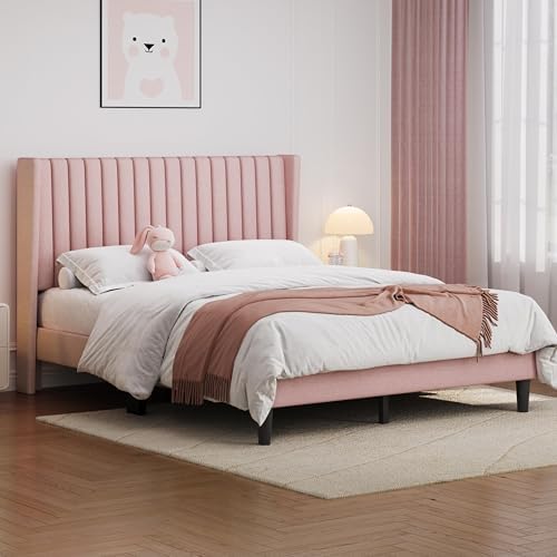 Yaheetech Queen Bed Frame with Headboard,Pink Channel-Tufted Platform