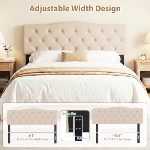 GIANTEX Headboard with Charging Station, Queen/Full Size Button Tufted Upholstered Head Board w/2 AC Outlets, USB & Type-C Port, Rubber Wood Legs, Width Adjustable Modern Bed Headboard Only (Beige)