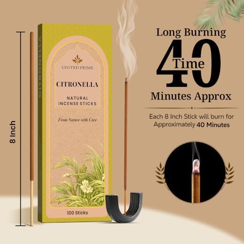 Pure Citronella Incense, 8 Inch - 100 Sticks, Natural Incense Stick for Outdoor Patio Camping, No Charcoal Clean Burning, Organic Incense Non Toxic Insence