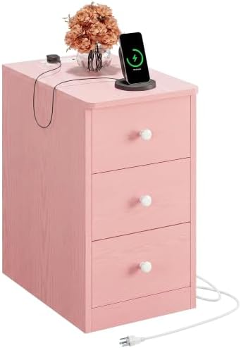 LIKIMIO Nightstand with Charging Station, 3 Drawers Modern for Bedroom