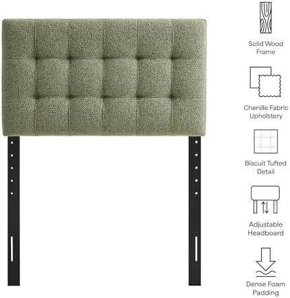 Modway Lily Twin Size Headboard with Biscuit Tufting in Leaf - Fabric Upholstery with Padded Design and 5 Height-Adjustable Mounts