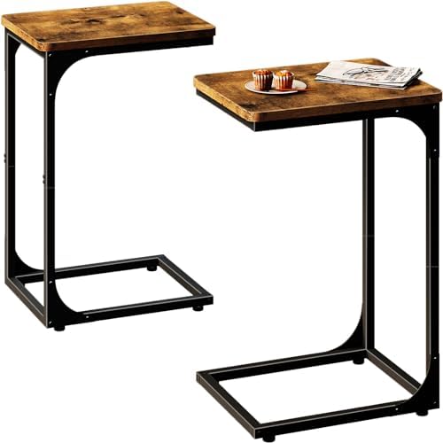 QEEIG C Shaped End Table Side Tables for Couch Set of 2, Brown