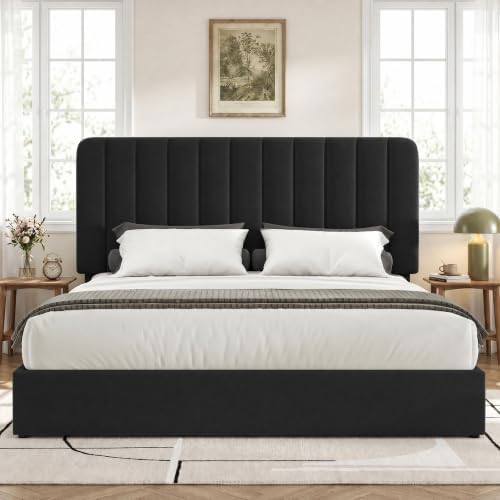 VECELO Queen Size Upholstered Bed Frame with 4 Drawers and Headboard, Velvet Platform Storage Bedframe, Wooden Slats Support, No Box Spring Needed,Black